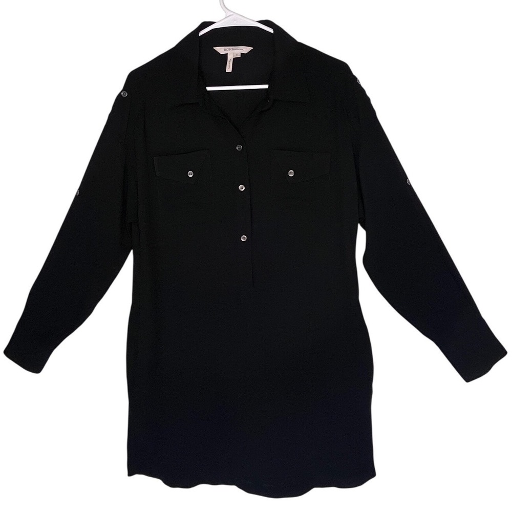 BCBGeneration Womens Black Utility Tunic Shirt Half Button Long Sleeve Blouse M